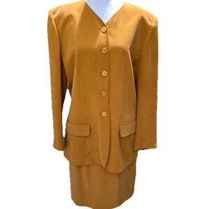 Chaus Vintage 100% Silk Jacket Skirt Suit Set SZ 12/10 Lined Shoulder Pad Career